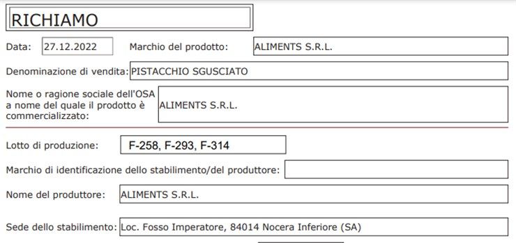 allerta alimentare pistacchi